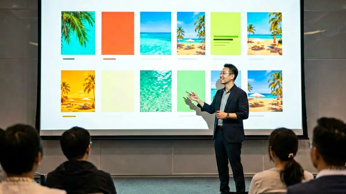 好色先生夏日配色公开课直播画面，主讲设计师正在演示高饱和色的搭配方案